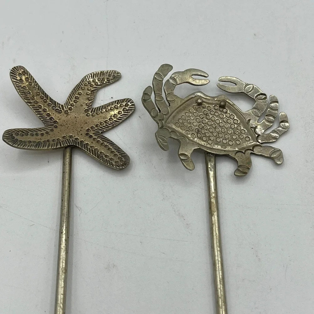 Vintage Brass Nautical Cocktail Swizzle Sticks Set of 6 Mermaid Tropical Coastal
